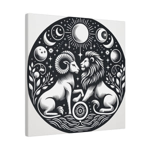 Celestial Harmony Lion and Ram Illustration Art on Matte Canvas - Stretched 0.75 Inch Frame