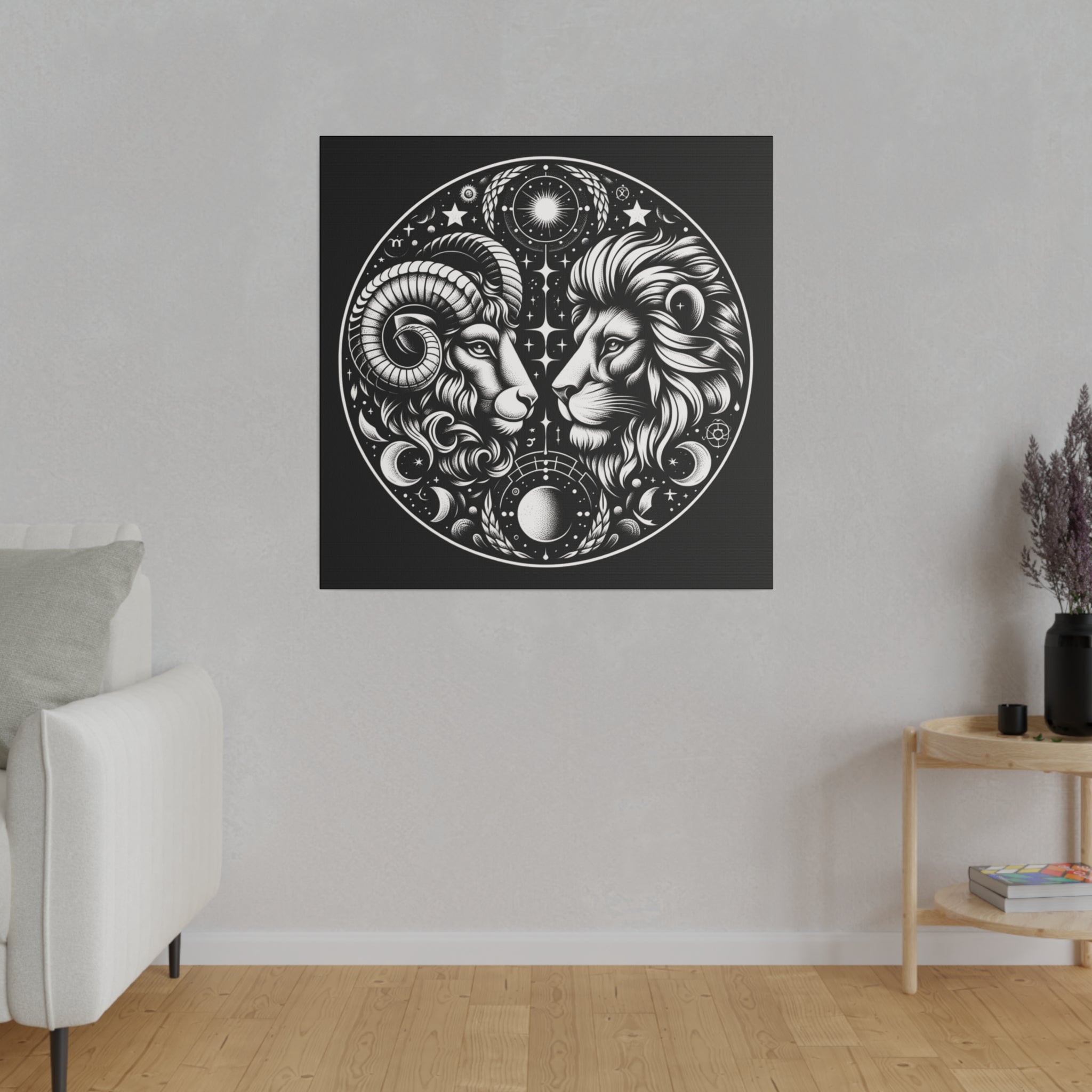 Astrological Aries and Leo Black and White Artwork on Matte Canvas, Stretched 0.75 Inch Frame