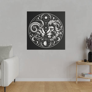 Astrological Aries and Leo Black and White Artwork on Matte Canvas, Stretched 0.75 Inch Frame