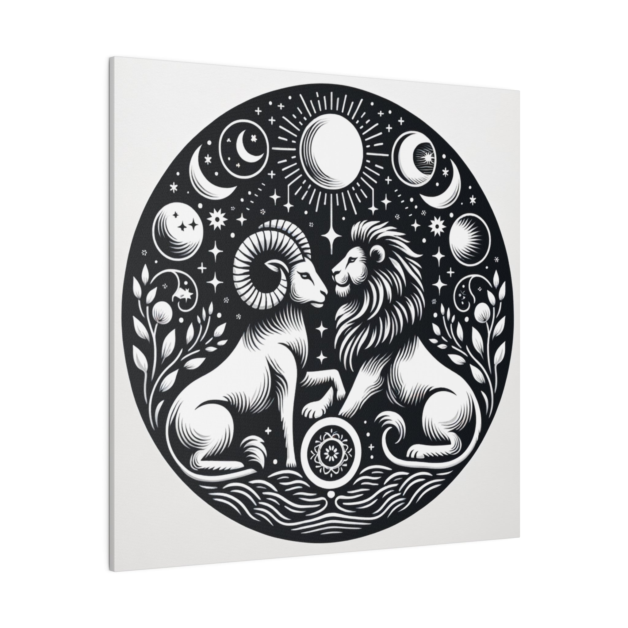 Celestial Harmony Lion and Ram Illustration Art on Matte Canvas - Stretched 0.75 Inch Frame