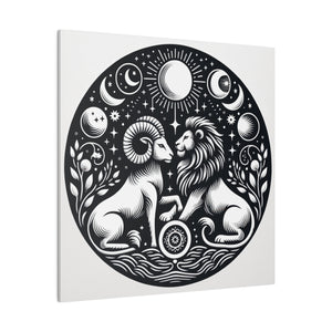 Celestial Harmony Lion and Ram Illustration Art on Matte Canvas - Stretched 0.75 Inch Frame