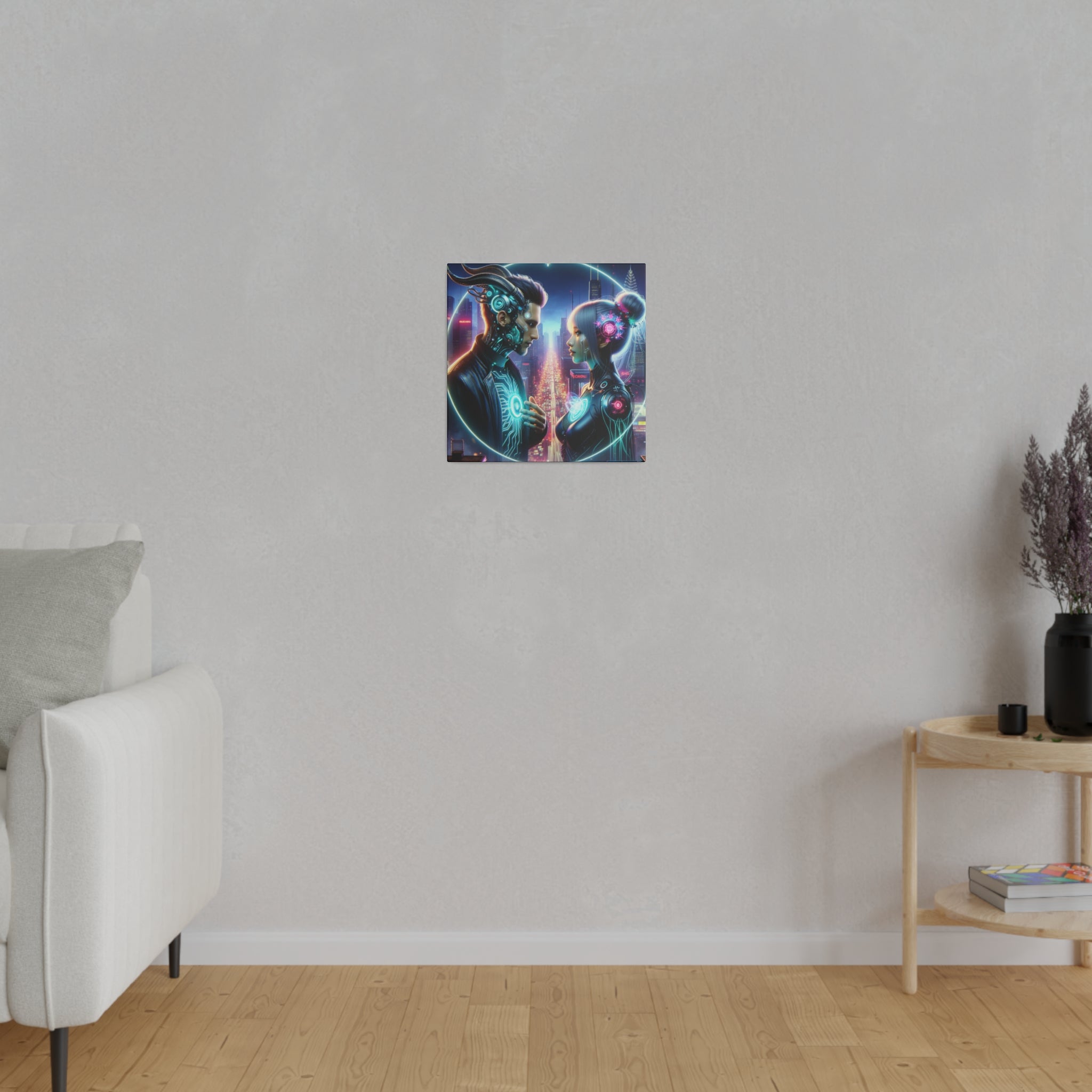 Cybernetic Encounter Matte Canvas Art - Futuristic Cityscape with Advanced Humanoids - Stretched 0.75 Inch Frame