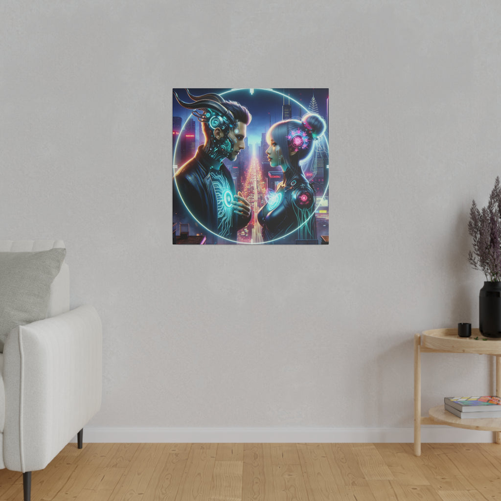 Cybernetic Encounter Matte Canvas Art - Futuristic Cityscape with Advanced Humanoids - Stretched 0.75 Inch Frame