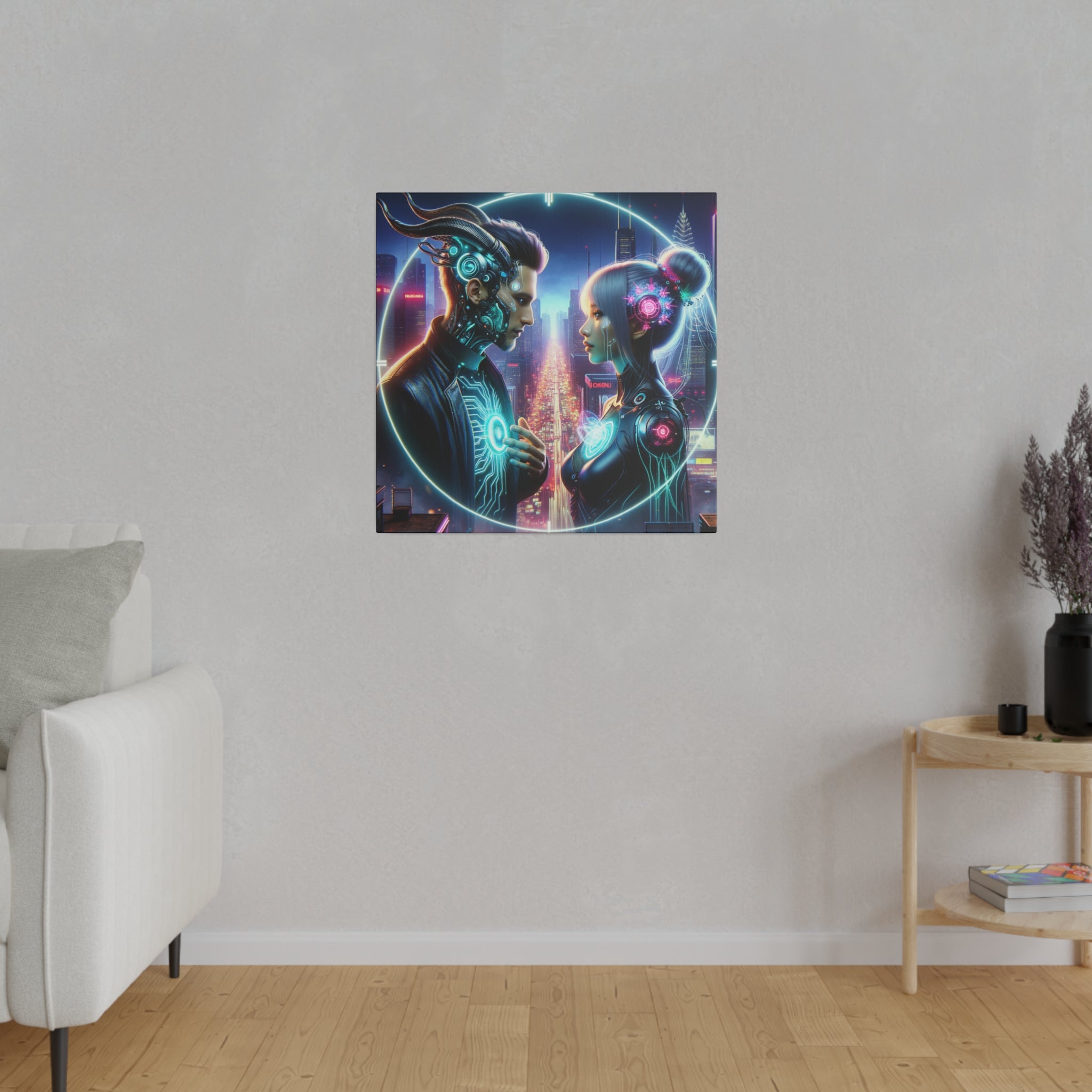 Cybernetic Encounter Matte Canvas Art - Futuristic Cityscape with Advanced Humanoids - Stretched 0.75 Inch Frame