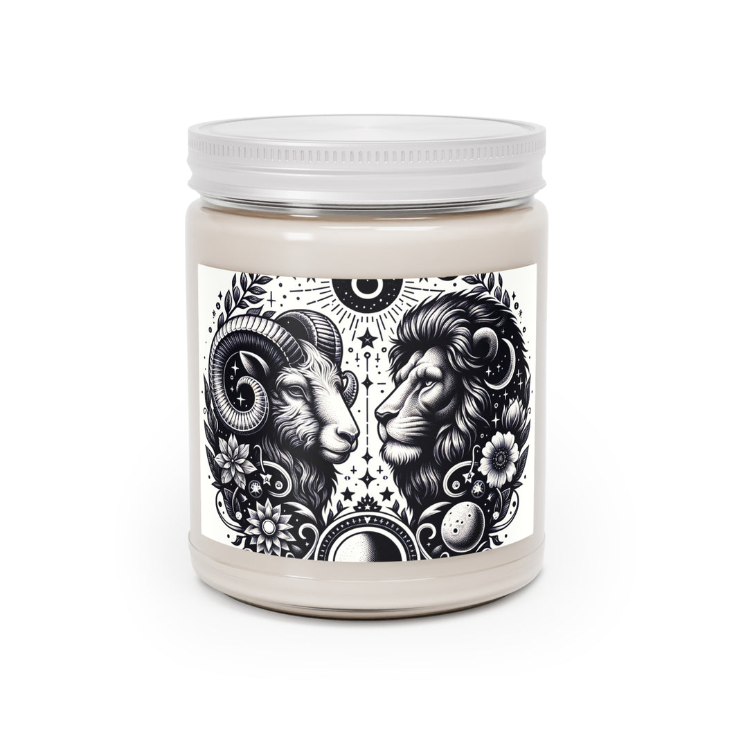 Cosmic Balance Aromatherapy Soy Candle - 9 oz Zodiac Essence with Celestial Lion and Ram Design