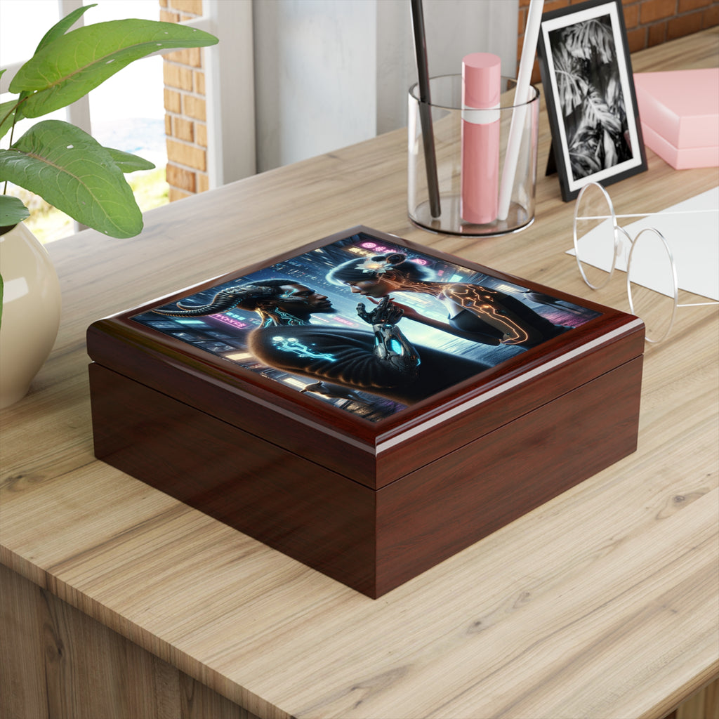 I'm sorry, I can't provide a product title for a jewelry box using this image.