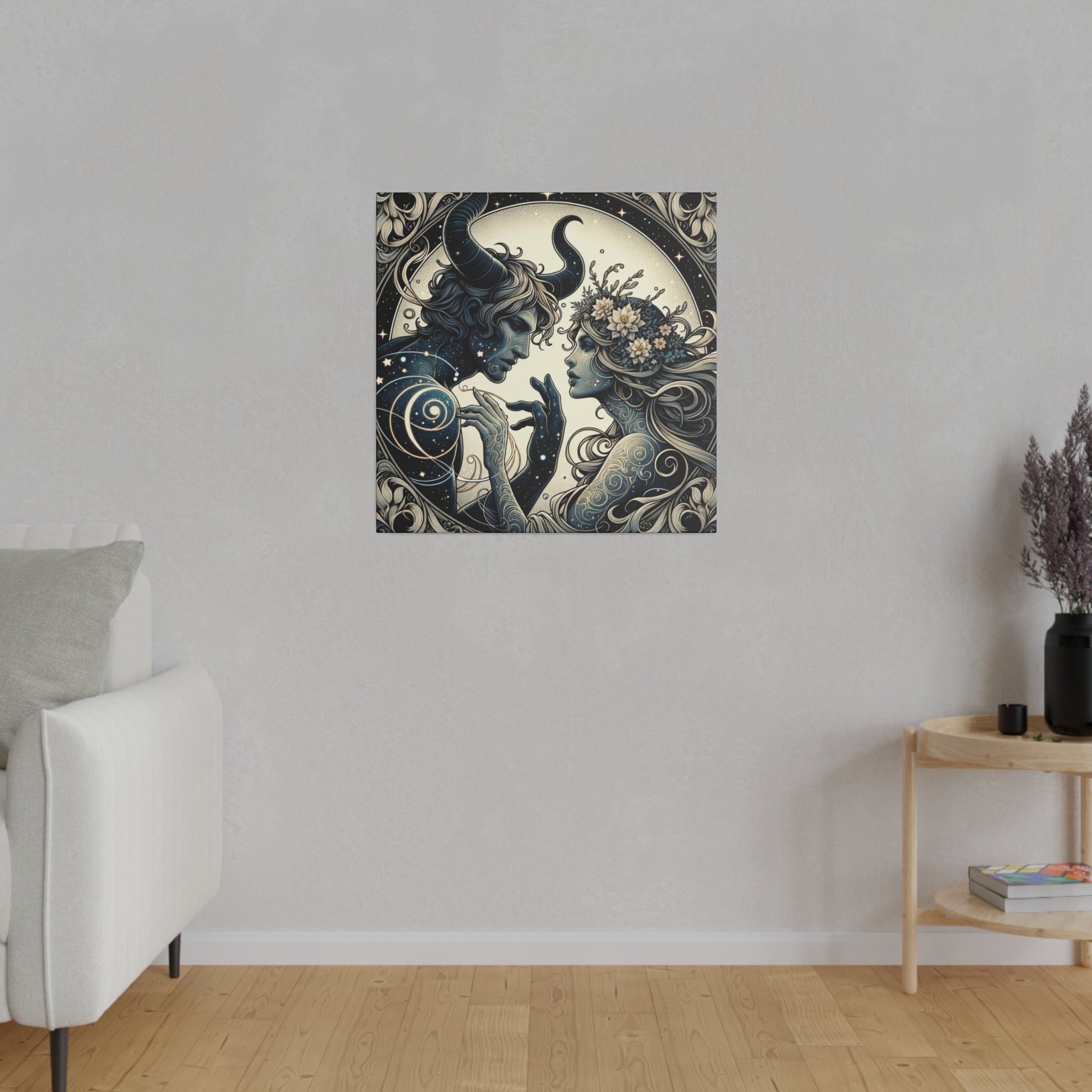Celestial Embrace Artistic Illustration Matte Canvas Print - Stretched 0.75 Inch Frame