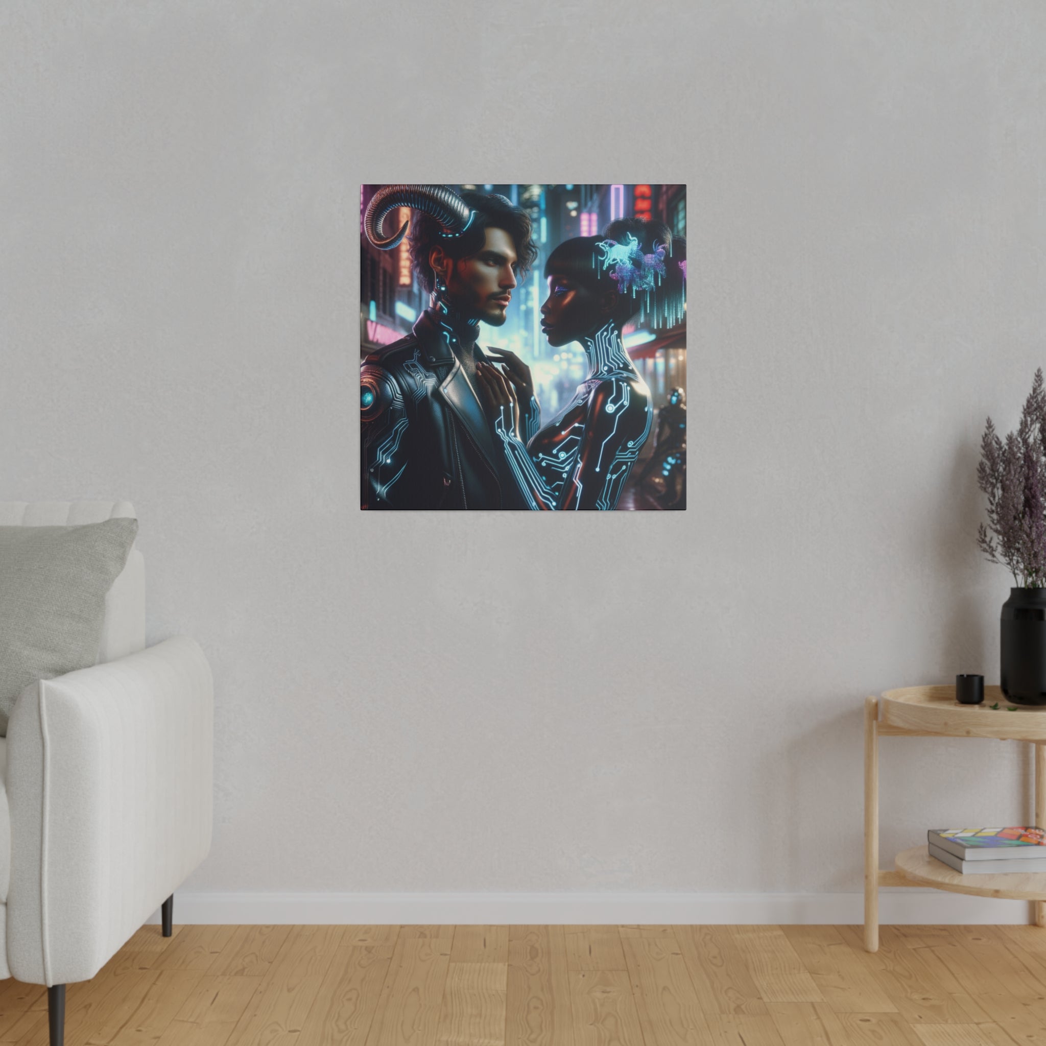 Cybernetic Embrace - Neon Fantasy Art Matte Canvas Print, Stretched 0.75 Inch