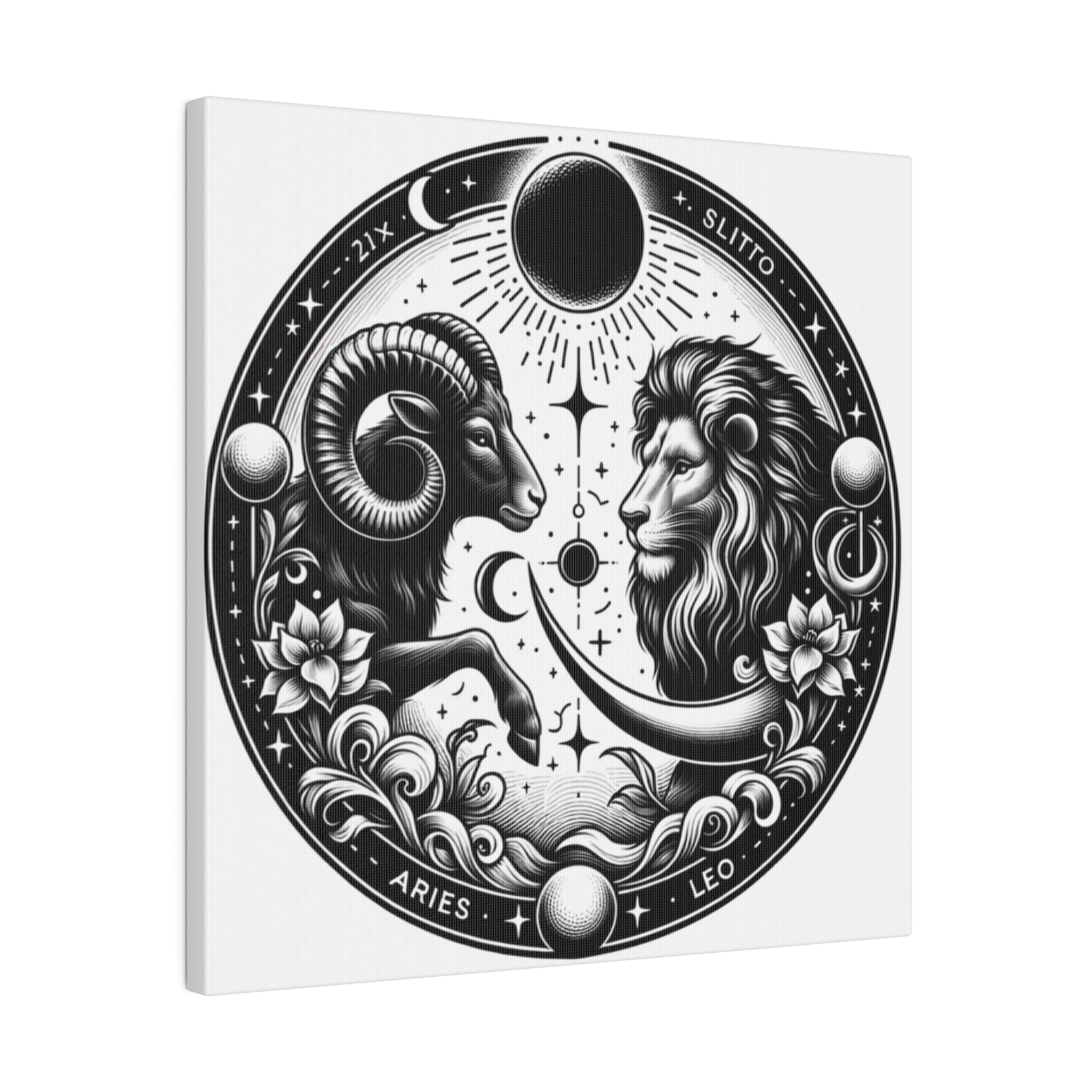 Zodiac Harmony Aries and Leo Black and White Art Matte Canvas Print - Stretched 0.75 Inch