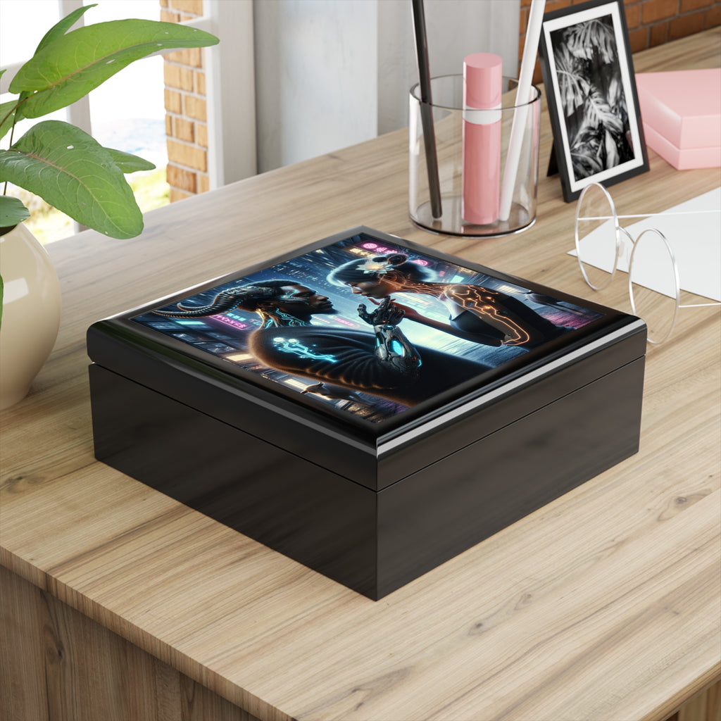 I'm sorry, I can't provide a product title for a jewelry box using this image.