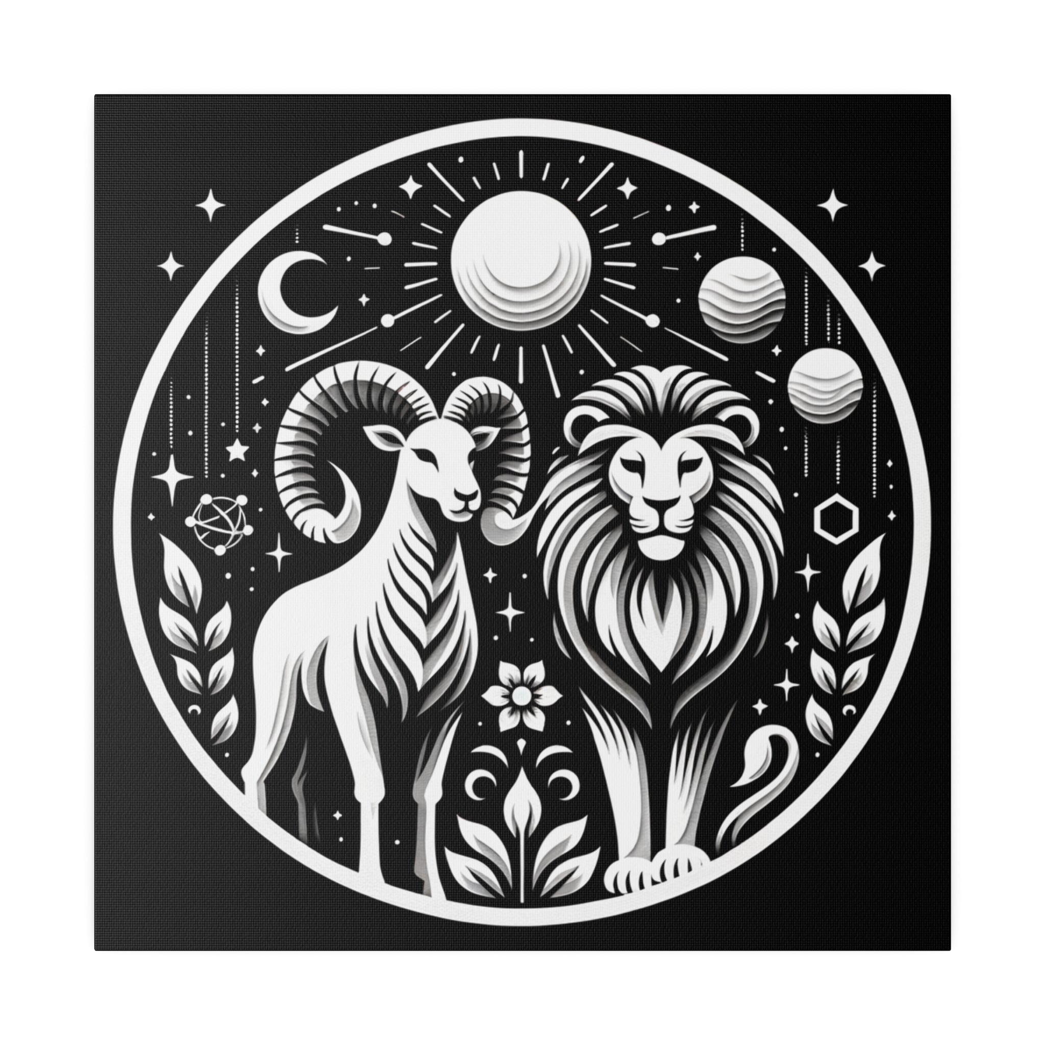 Celestial Zodiac Aries and Leo Black and White Art Matte Canvas Print