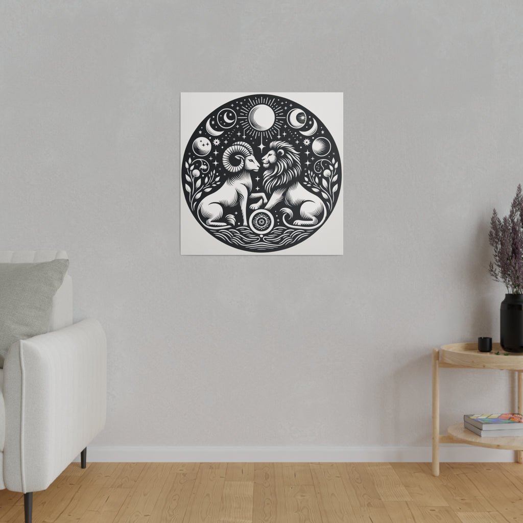 Celestial Harmony Lion and Ram Illustration Art on Matte Canvas - Stretched 0.75 Inch Frame