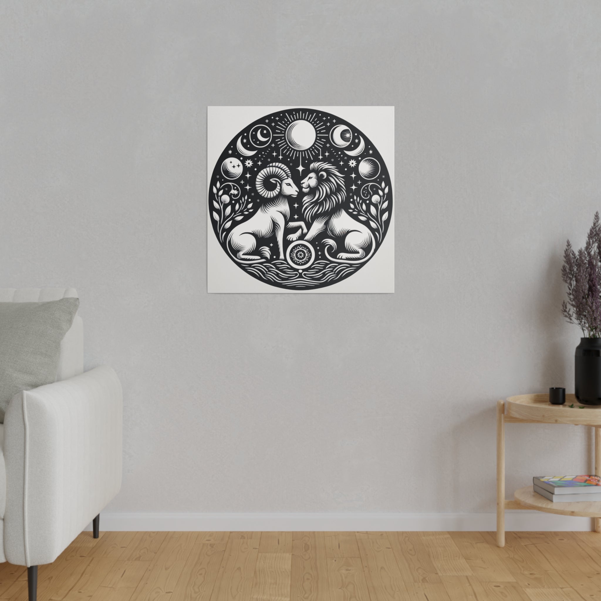 Celestial Harmony Lion and Ram Illustration Art on Matte Canvas - Stretched 0.75 Inch Frame