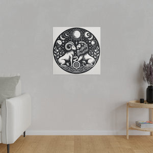 Celestial Harmony Lion and Ram Illustration Art on Matte Canvas - Stretched 0.75 Inch Frame