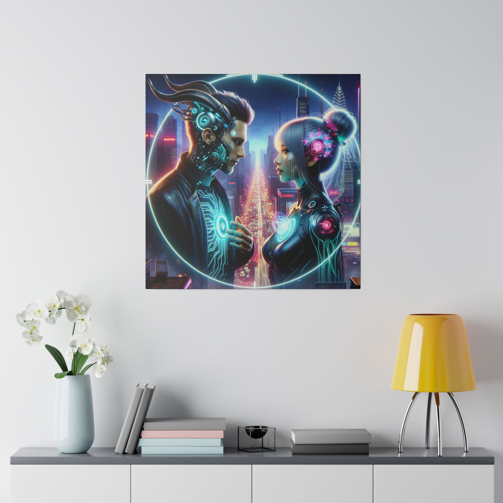 Cybernetic Encounter Matte Canvas Art - Futuristic Cityscape with Advanced Humanoids - Stretched 0.75 Inch Frame