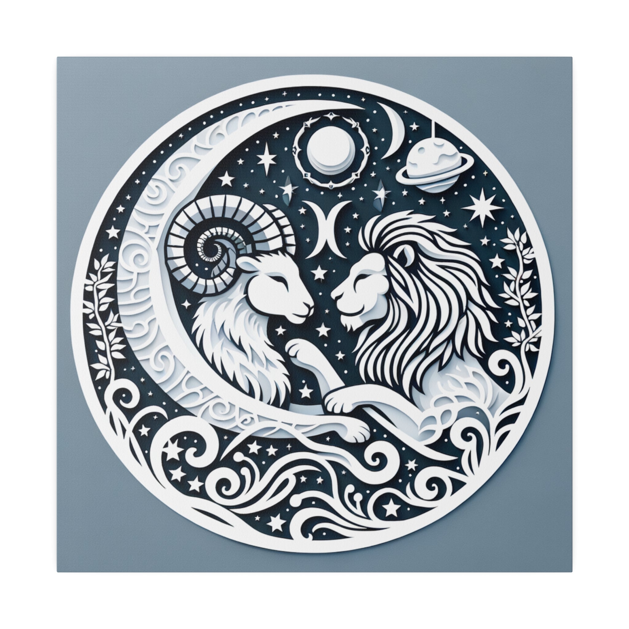 Celestial Zodiac Harmony Matte Canvas Art - Capricorn and Leo Constellation Design