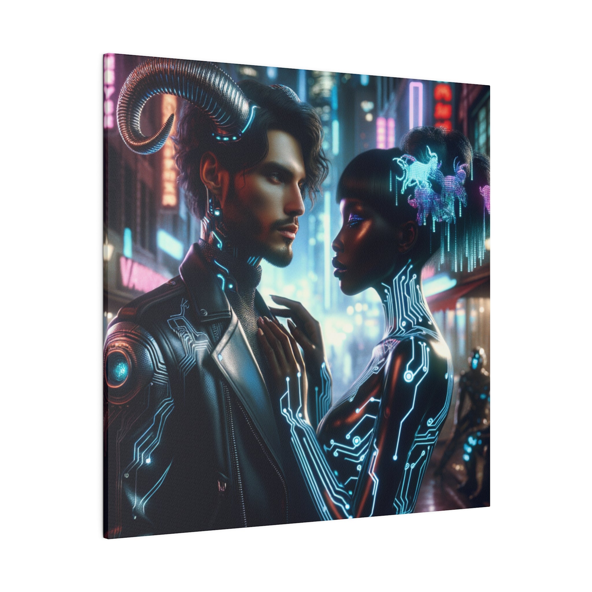 Cybernetic Embrace - Neon Fantasy Art Matte Canvas Print, Stretched 0.75 Inch