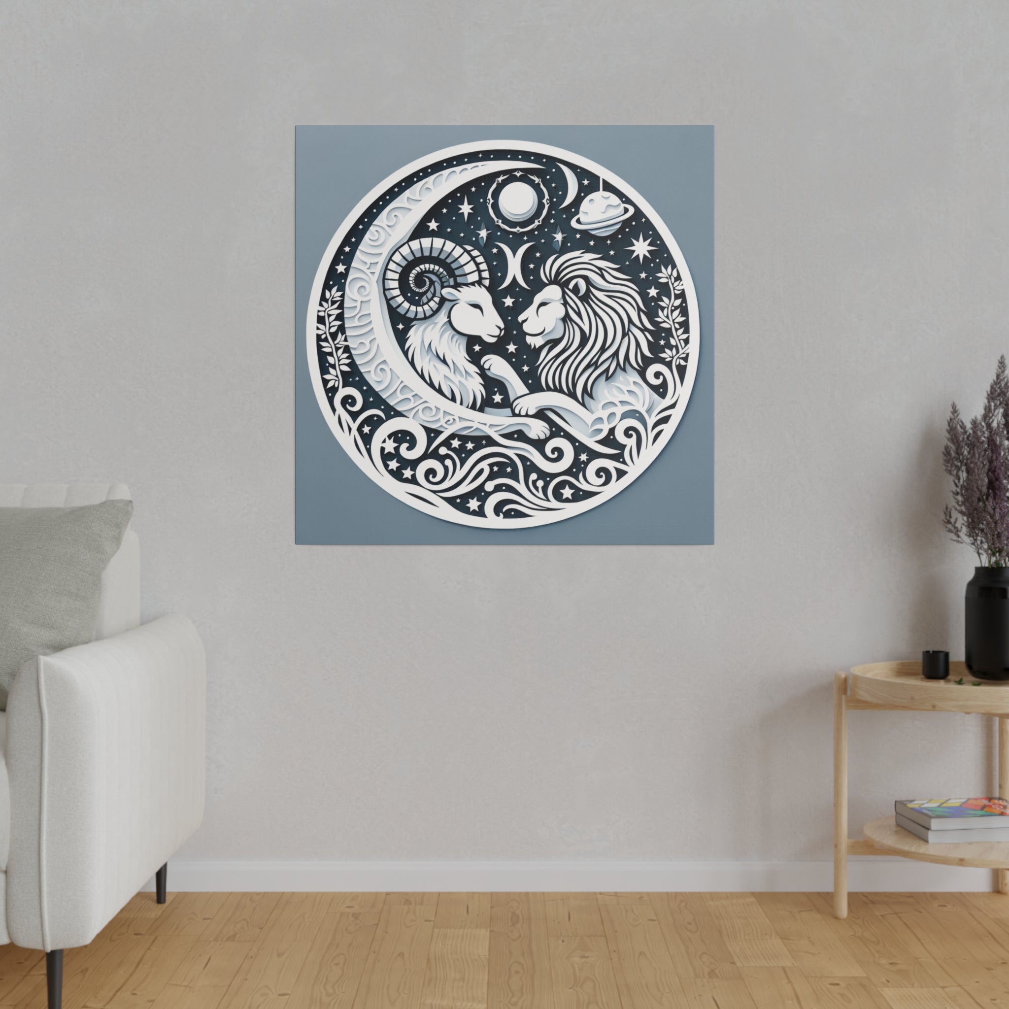 Celestial Zodiac Harmony Matte Canvas Art - Capricorn and Leo Constellation Design