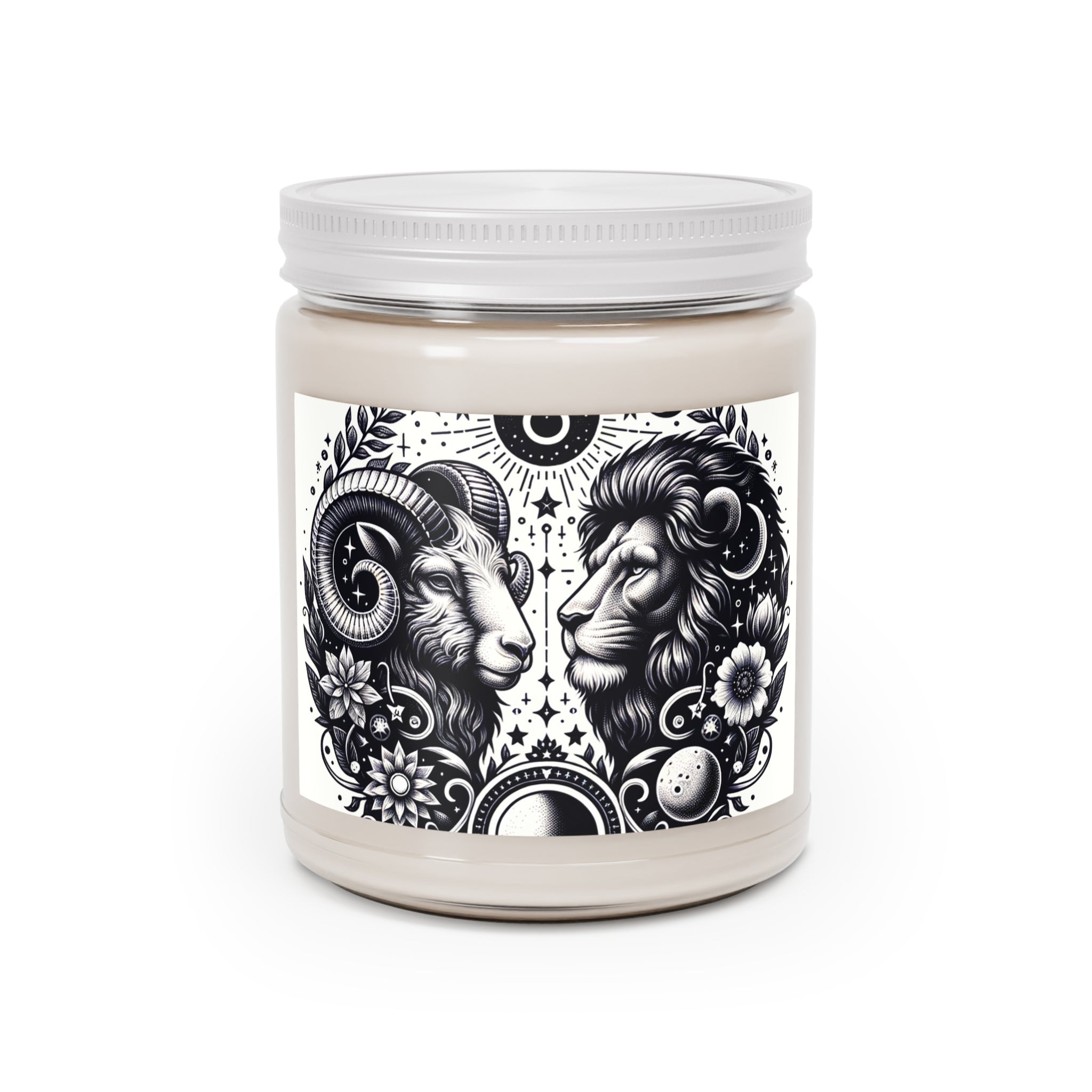 Cosmic Balance Aromatherapy Soy Candle - 9 oz Zodiac Essence with Celestial Lion and Ram Design