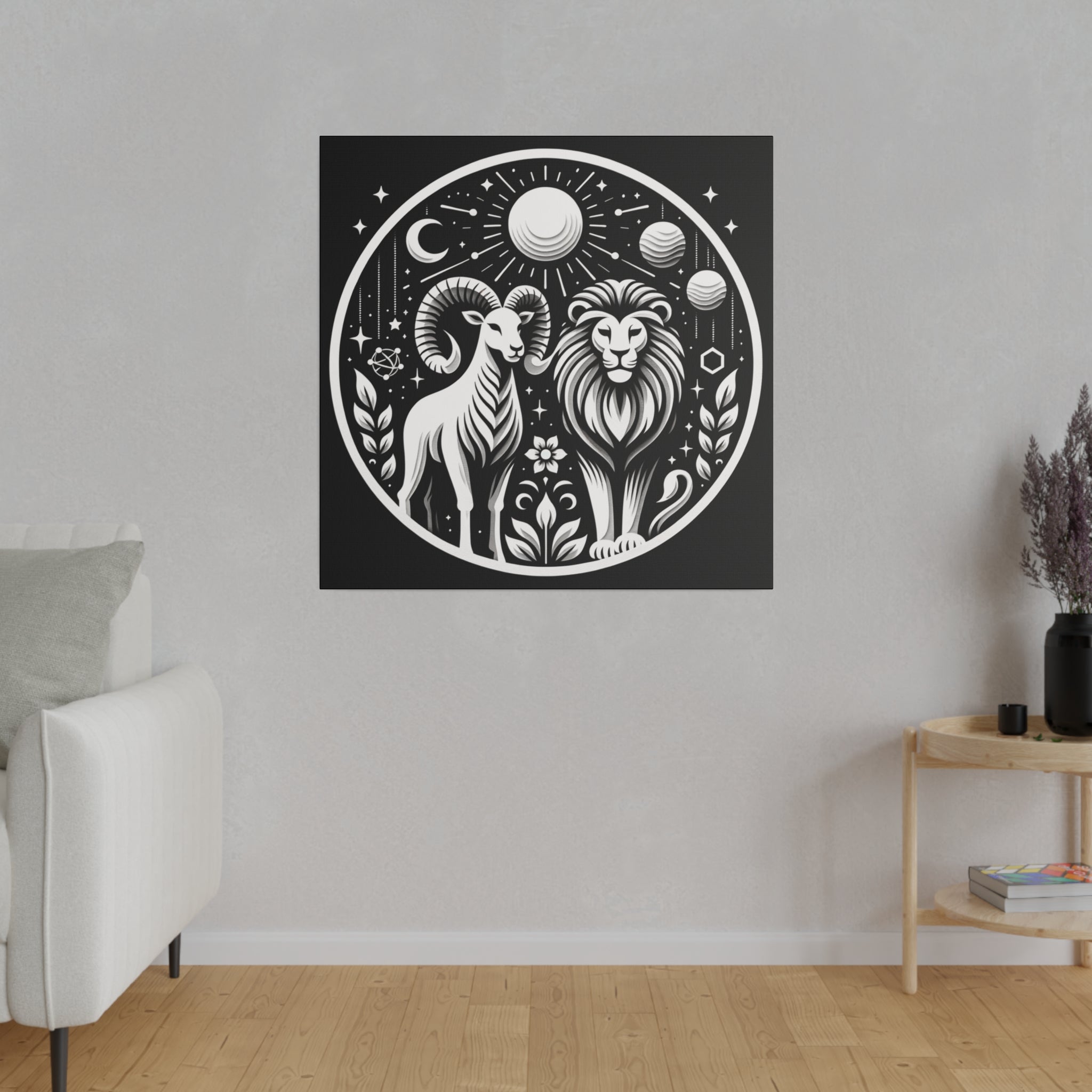 Celestial Zodiac Aries and Leo Black and White Art Matte Canvas Print