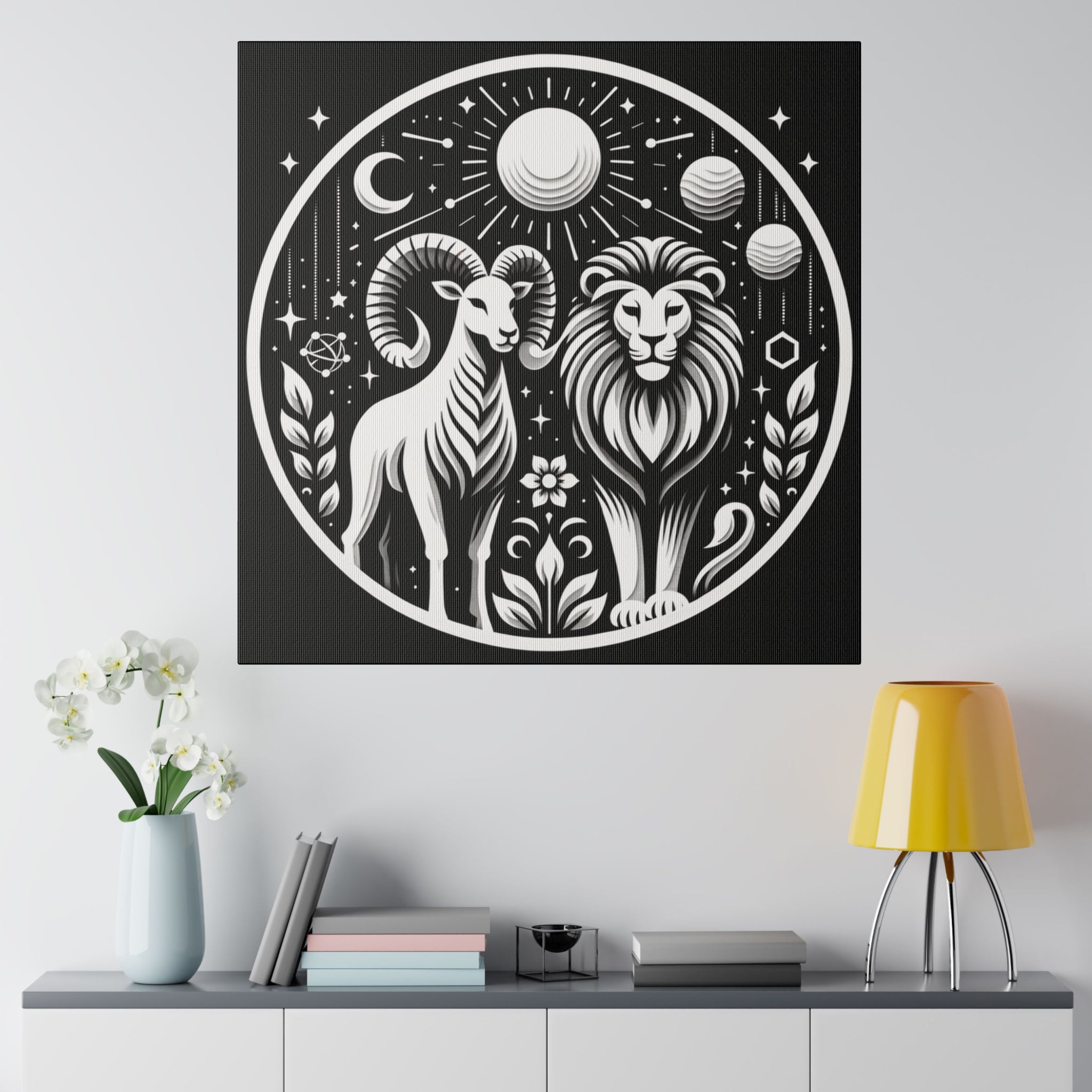 Celestial Zodiac Aries and Leo Black and White Art Matte Canvas Print
