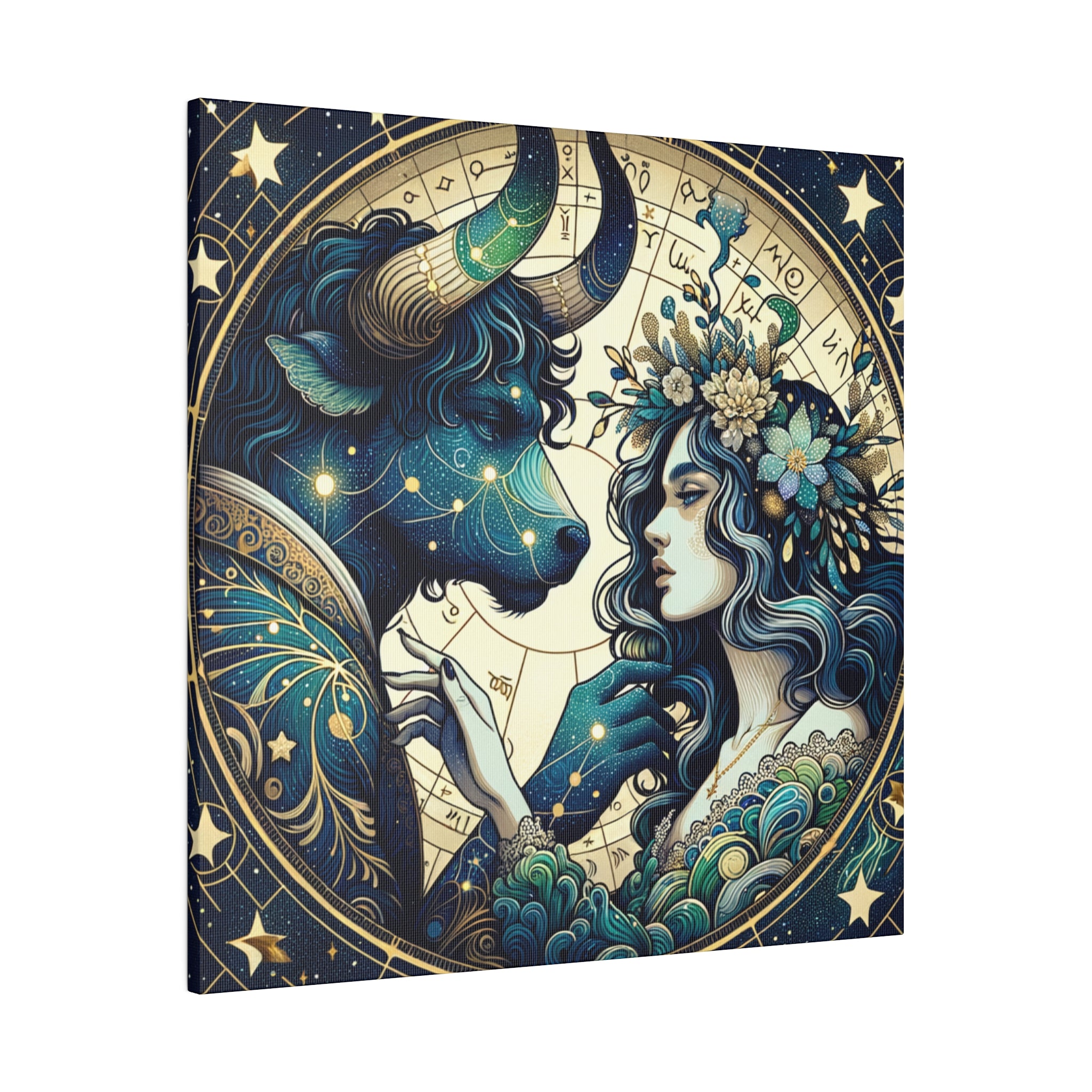 Celestial Zodiac Taurus and Woman Artwork Matte Canvas Print - Stretched 0.75 Inch Frame