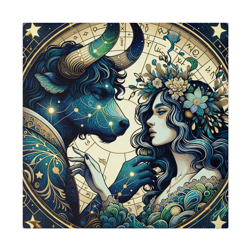 Celestial Zodiac Taurus and Woman Artwork Matte Canvas Print - Stretched 0.75 Inch Frame