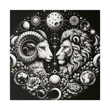 Load image into Gallery viewer, Celestial Zodiac Aries and Leo Black and White Artwork on Matte Canvas, Stretched 0.75 Inch
