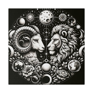 Celestial Zodiac Aries and Leo Black and White Artwork on Matte Canvas, Stretched 0.75 Inch