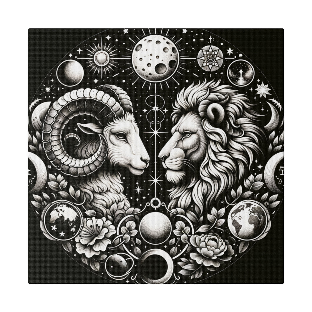 Celestial Zodiac Aries and Leo Black and White Artwork on Matte Canvas, Stretched 0.75 Inch