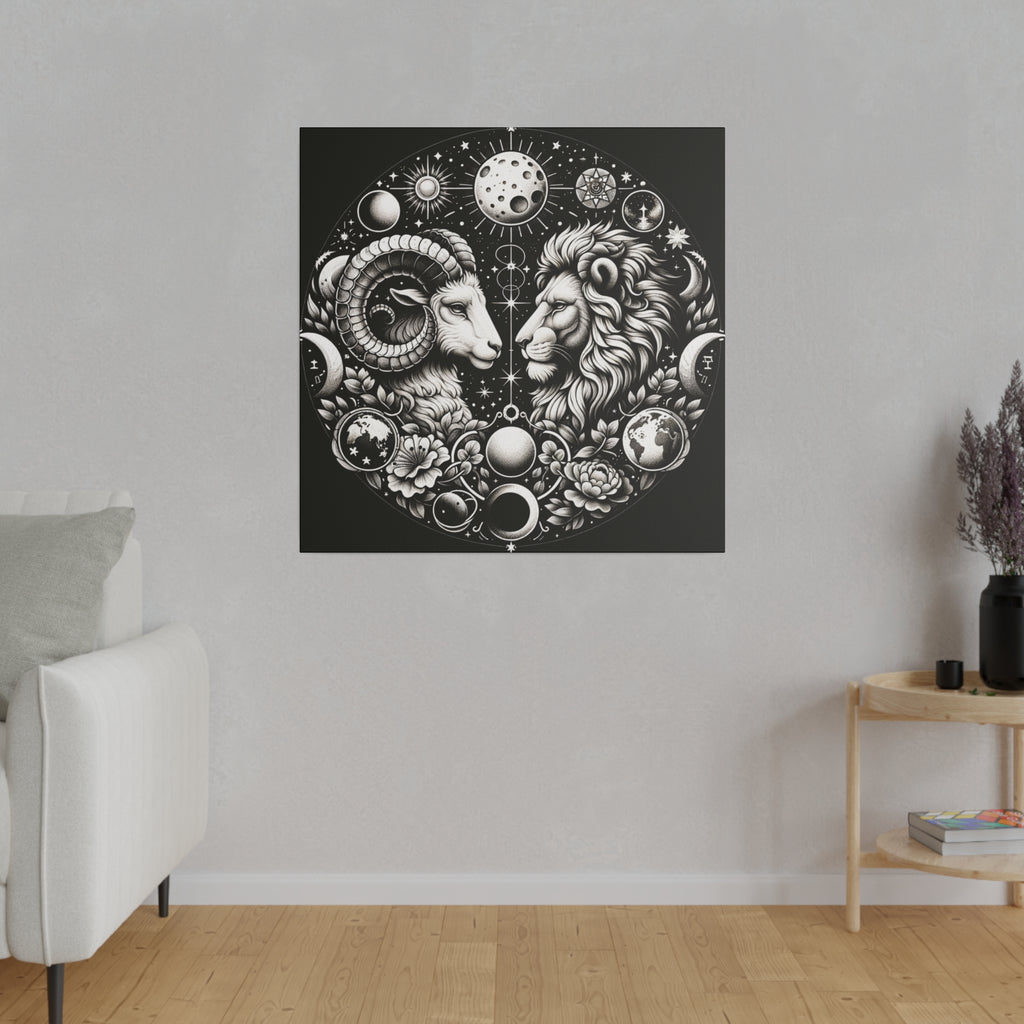 Celestial Zodiac Aries and Leo Black and White Artwork on Matte Canvas, Stretched 0.75 Inch