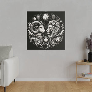 Celestial Zodiac Aries and Leo Black and White Artwork on Matte Canvas, Stretched 0.75 Inch