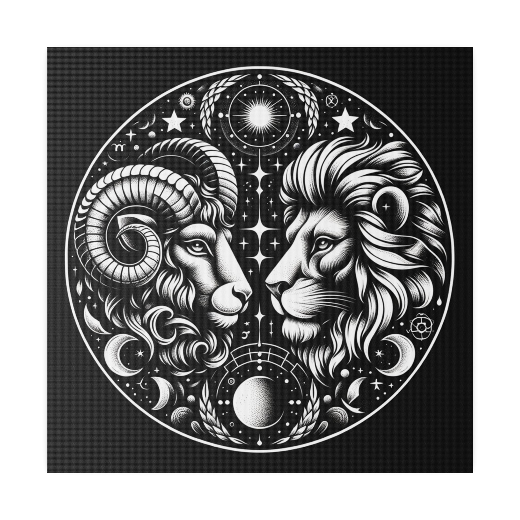 Astrological Aries and Leo Black and White Artwork on Matte Canvas, Stretched 0.75 Inch Frame