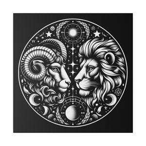 Astrological Aries and Leo Black and White Artwork on Matte Canvas, Stretched 0.75 Inch Frame