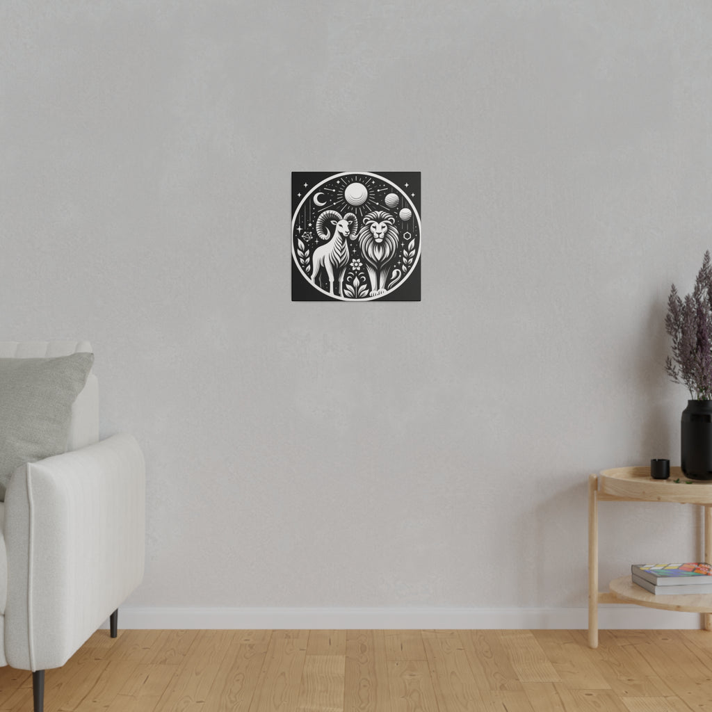 Celestial Zodiac Aries and Leo Black and White Art Matte Canvas Print