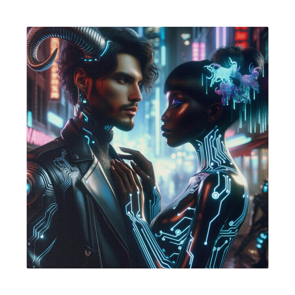 Cybernetic Embrace - Neon Fantasy Art Matte Canvas Print, Stretched 0.75 Inch