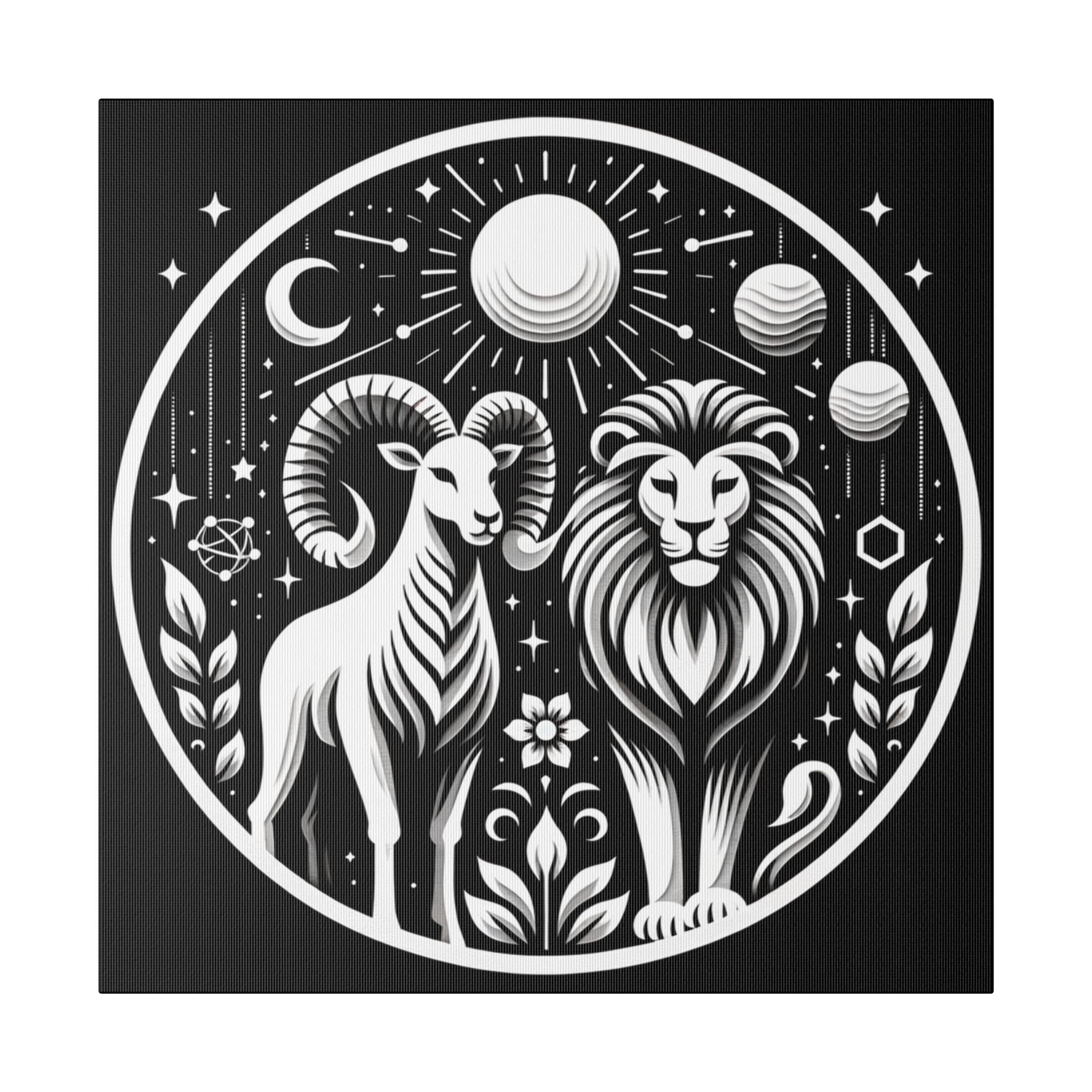 Celestial Zodiac Aries and Leo Black and White Art Matte Canvas Print