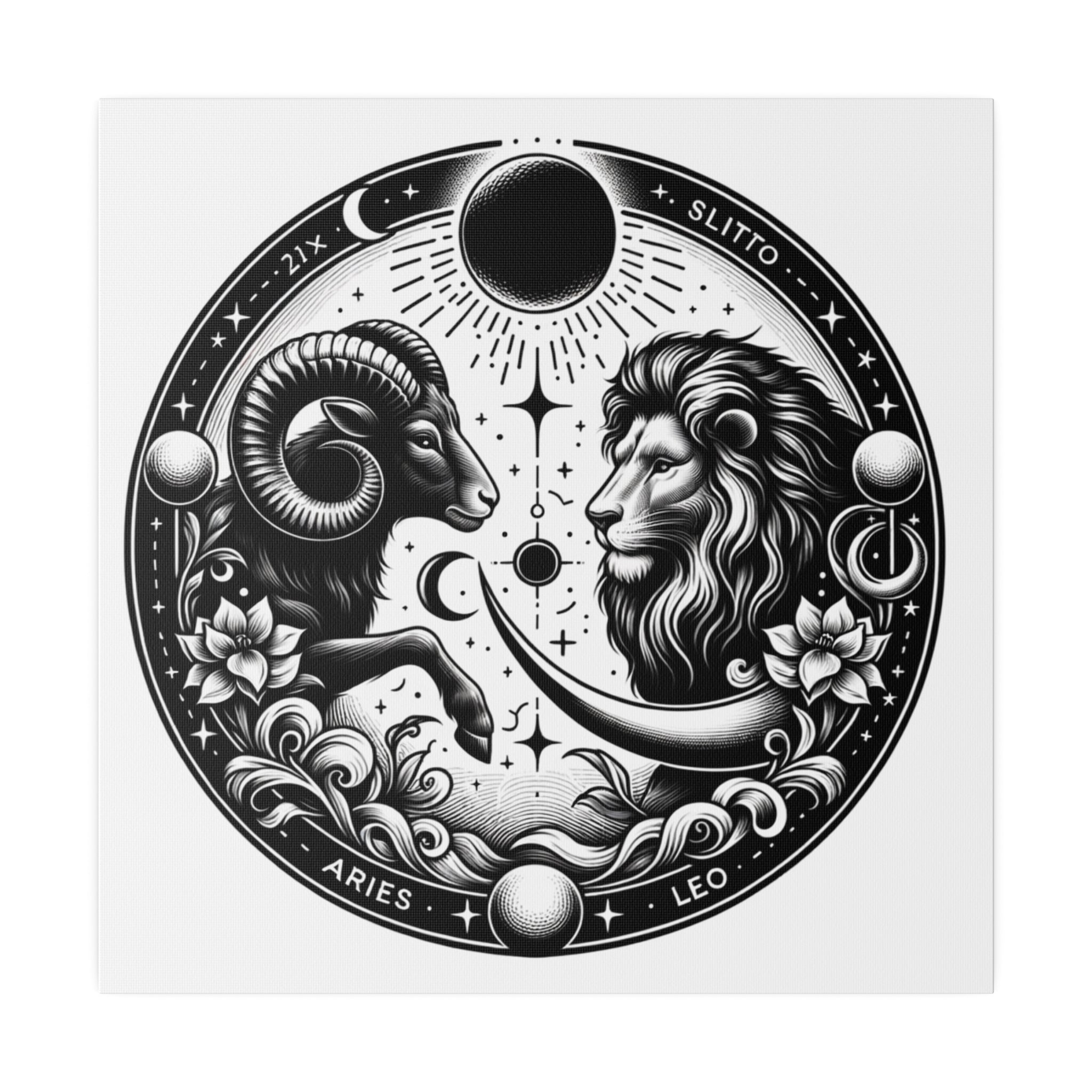 Zodiac Harmony Aries and Leo Black and White Art Matte Canvas Print - Stretched 0.75 Inch