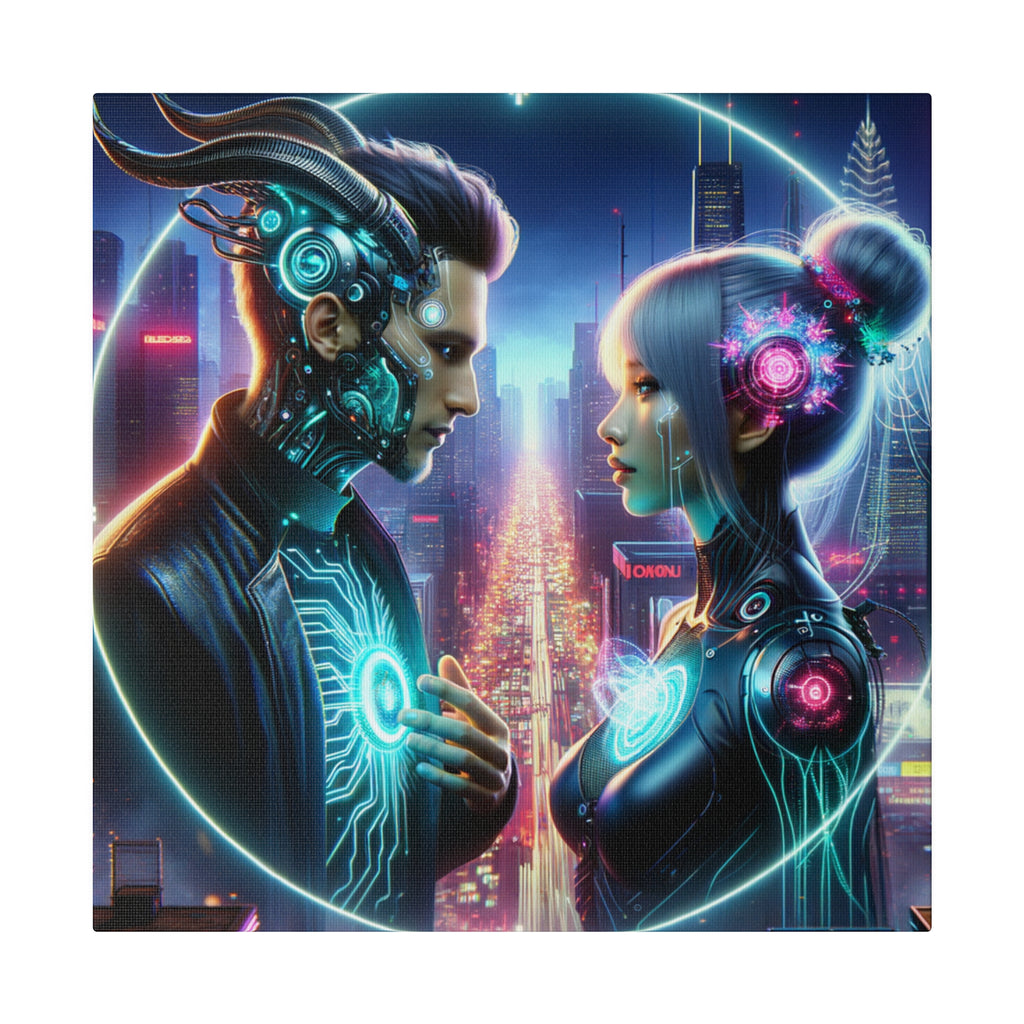 Cybernetic Encounter Matte Canvas Art - Futuristic Cityscape with Advanced Humanoids - Stretched 0.75 Inch Frame