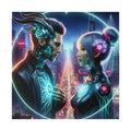 Cybernetic Encounter Matte Canvas Art - Futuristic Cityscape with Advanced Humanoids - Stretched 0.75 Inch Frame