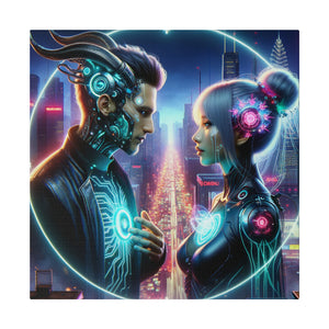 Cybernetic Encounter Matte Canvas Art - Futuristic Cityscape with Advanced Humanoids - Stretched 0.75 Inch Frame