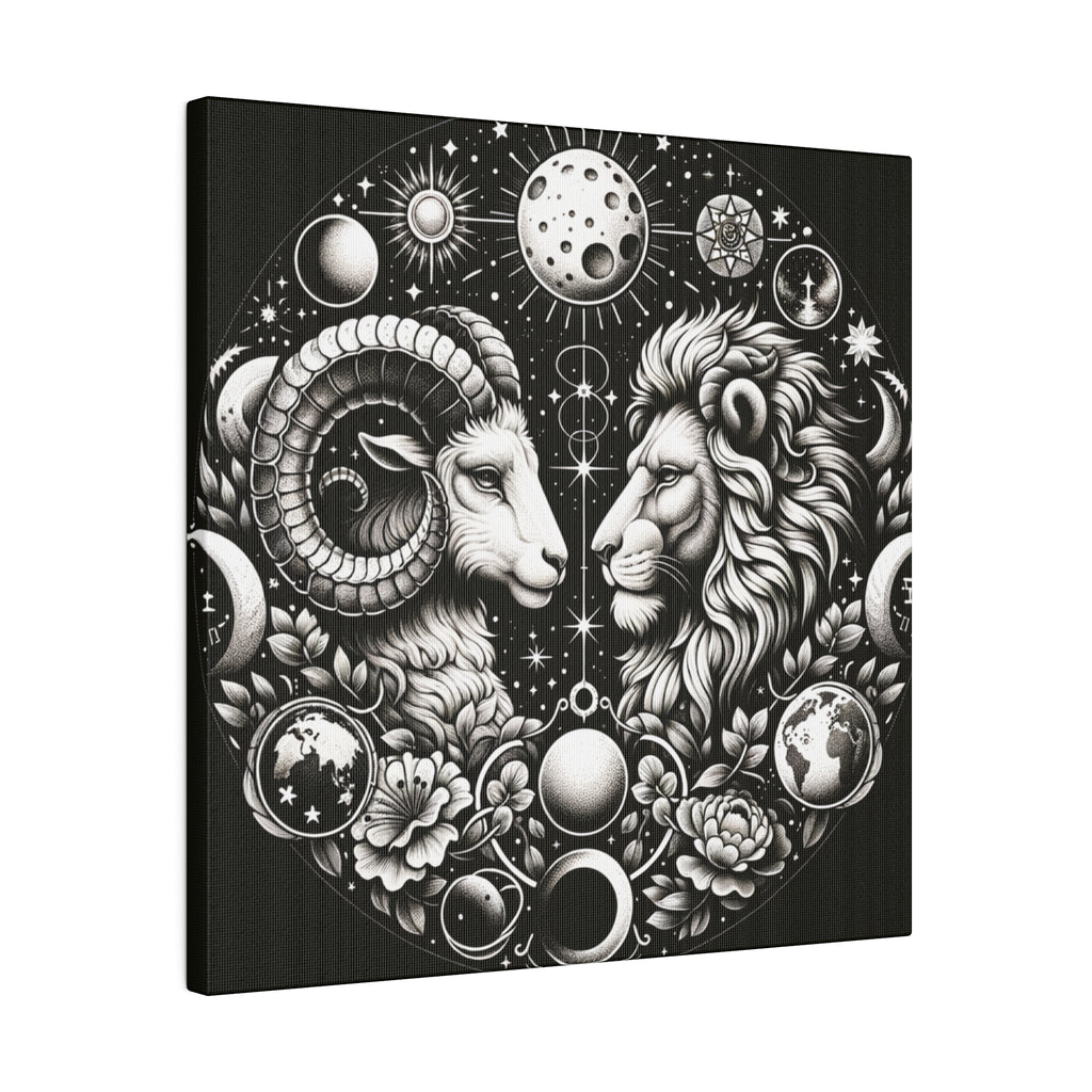 Celestial Zodiac Aries and Leo Black and White Artwork on Matte Canvas, Stretched 0.75 Inch
