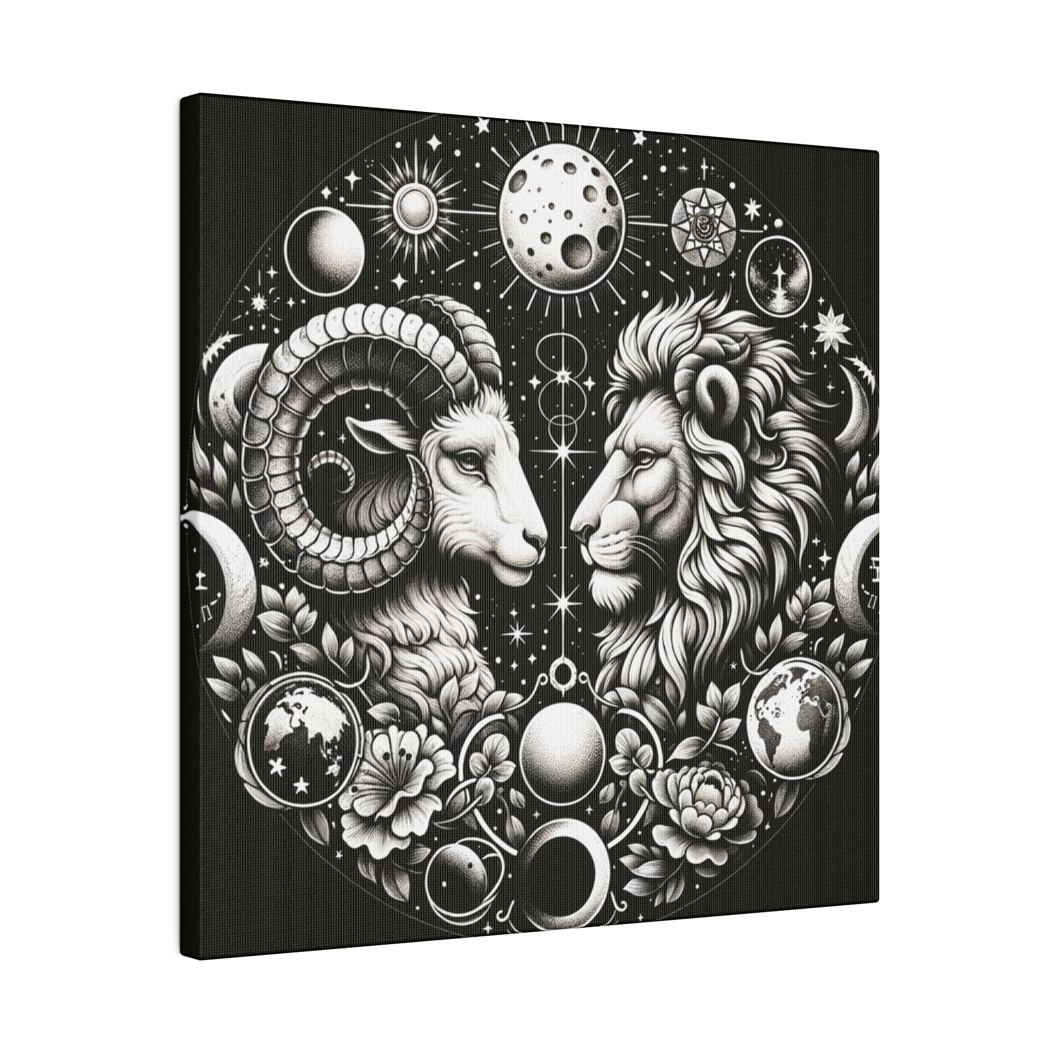 Celestial Zodiac Aries and Leo Black and White Artwork on Matte Canvas, Stretched 0.75 Inch