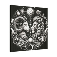 Load image into Gallery viewer, Celestial Zodiac Aries and Leo Black and White Artwork on Matte Canvas, Stretched 0.75 Inch
