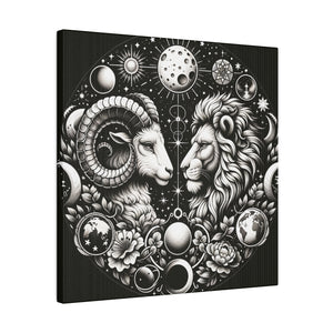 Celestial Zodiac Aries and Leo Black and White Artwork on Matte Canvas, Stretched 0.75 Inch