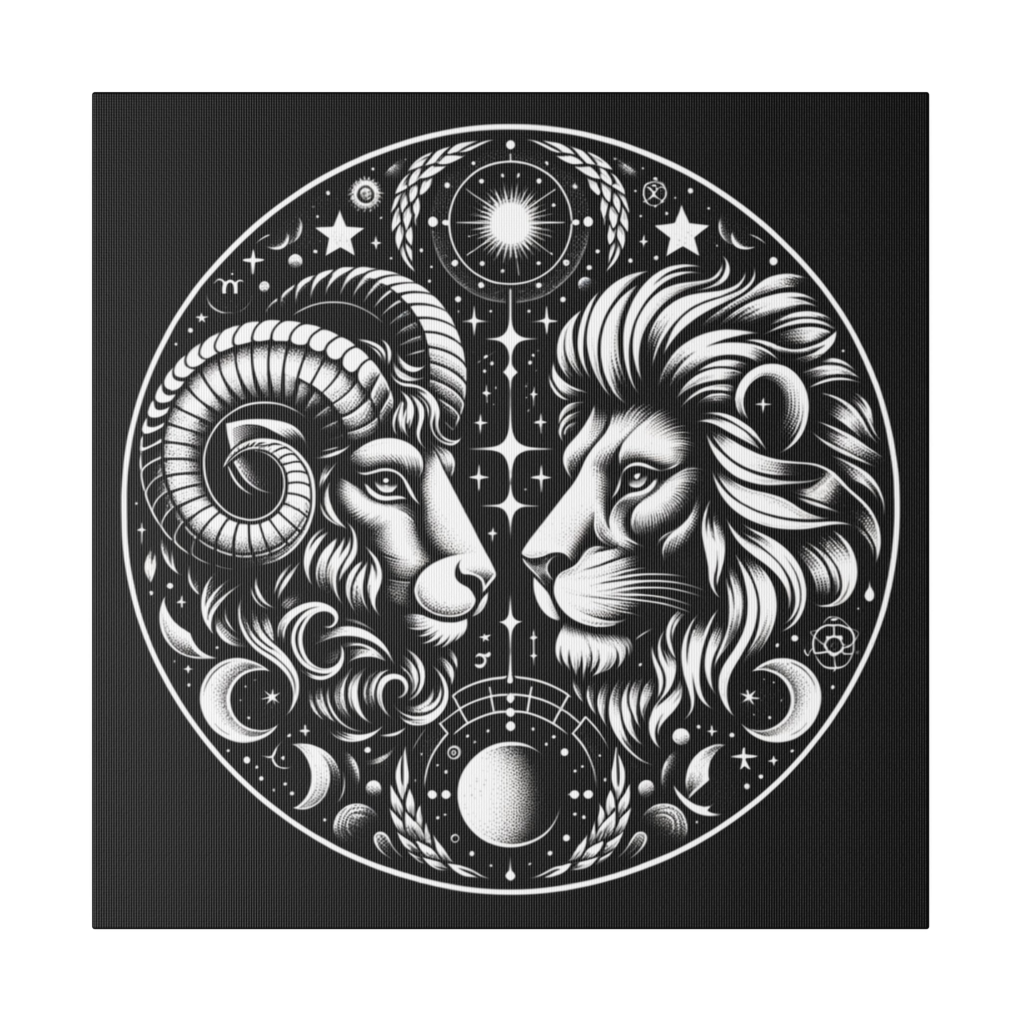 Astrological Aries and Leo Black and White Artwork on Matte Canvas, Stretched 0.75 Inch Frame