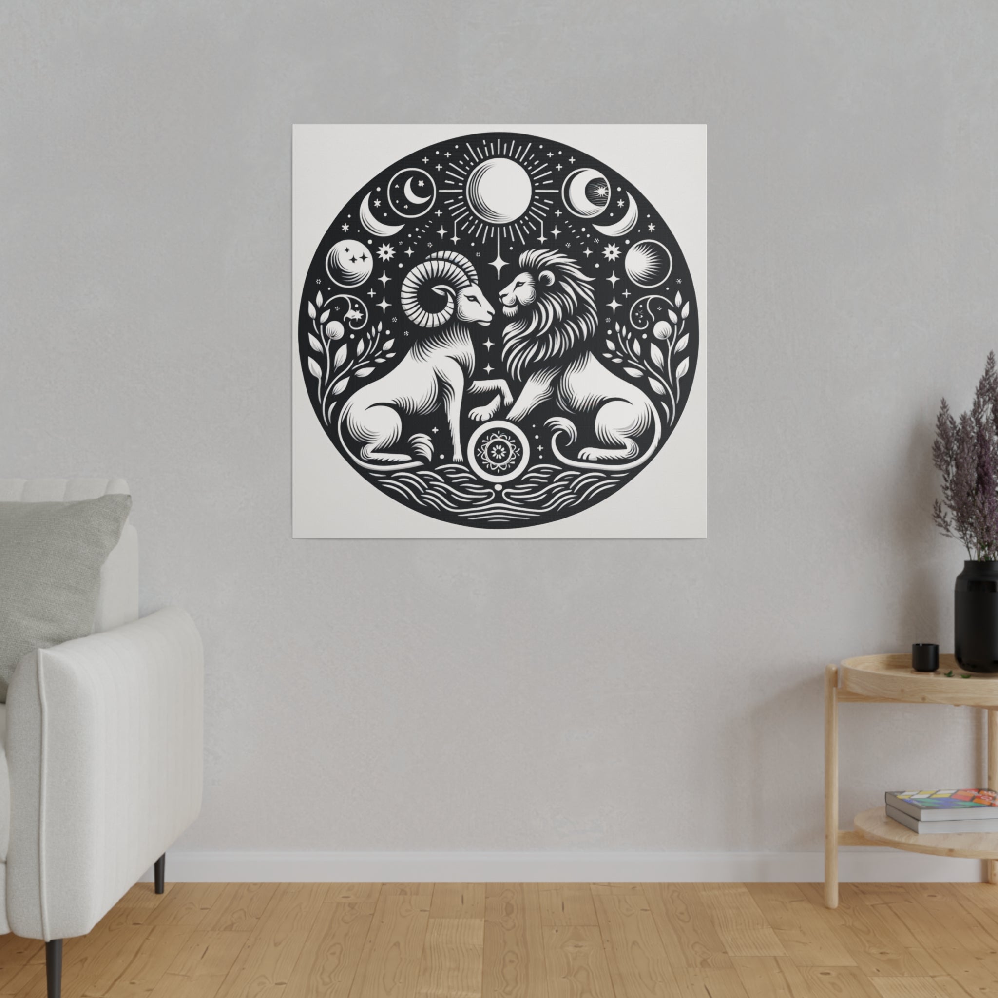 Celestial Harmony Lion and Ram Illustration Art on Matte Canvas - Stretched 0.75 Inch Frame