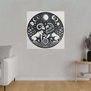 Celestial Harmony Lion and Ram Illustration Art on Matte Canvas - Stretched 0.75 Inch Frame