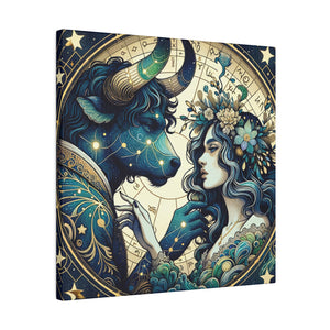 Celestial Zodiac Taurus and Woman Artwork Matte Canvas Print - Stretched 0.75 Inch Frame