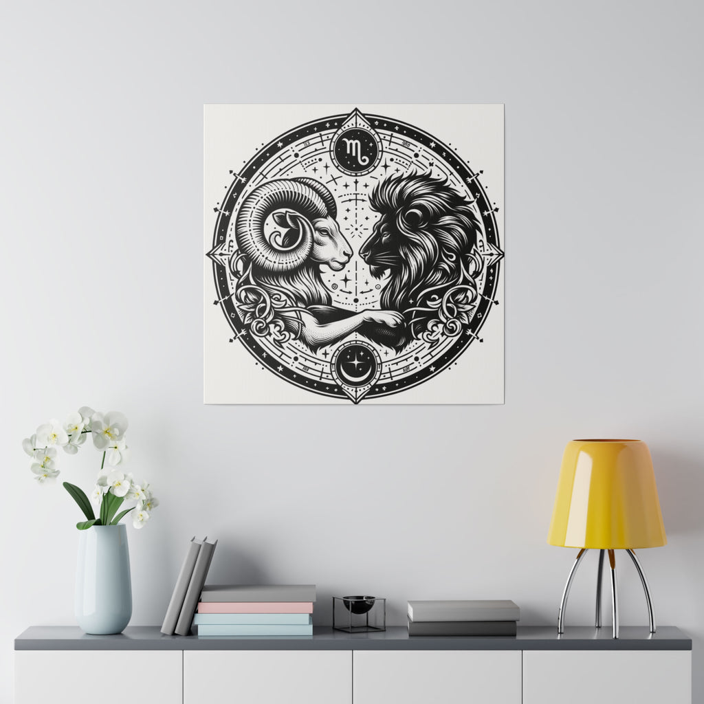 Astrological Aries and Leo Black and White Artwork on Matte Canvas